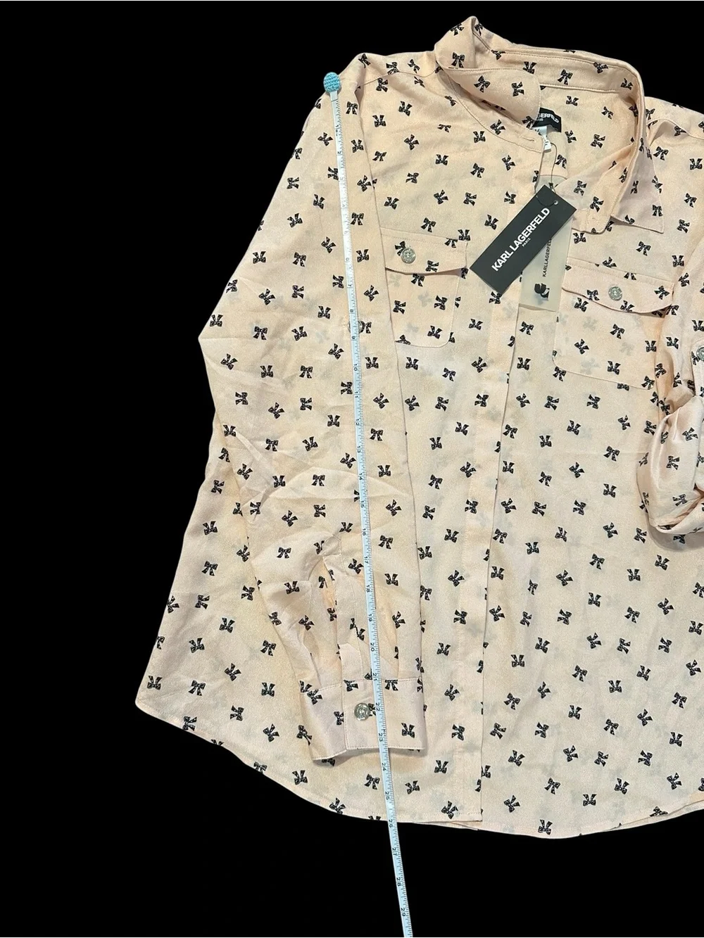 NWT Karl Lagerfeld Pale Pink Bow-Print Button Up Shirt - Picture 5 of 12
